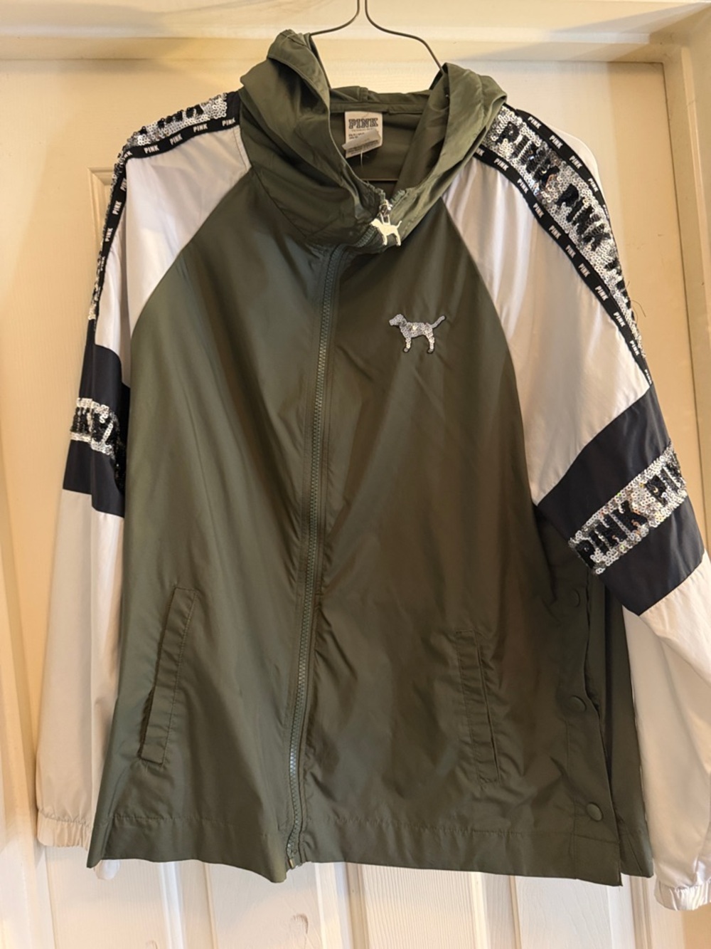 PINK Victoria's Secret Olive Green Windbreaker with White & Black Panels